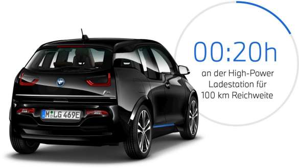 BMW i3s I01 Fluid Black mit Akzent BMW i Blau Dreiviertel-Heckansicht BMW i3s I01 Fluid Black mit Akzent BMW i Blau Dreiviertel-Heckansicht