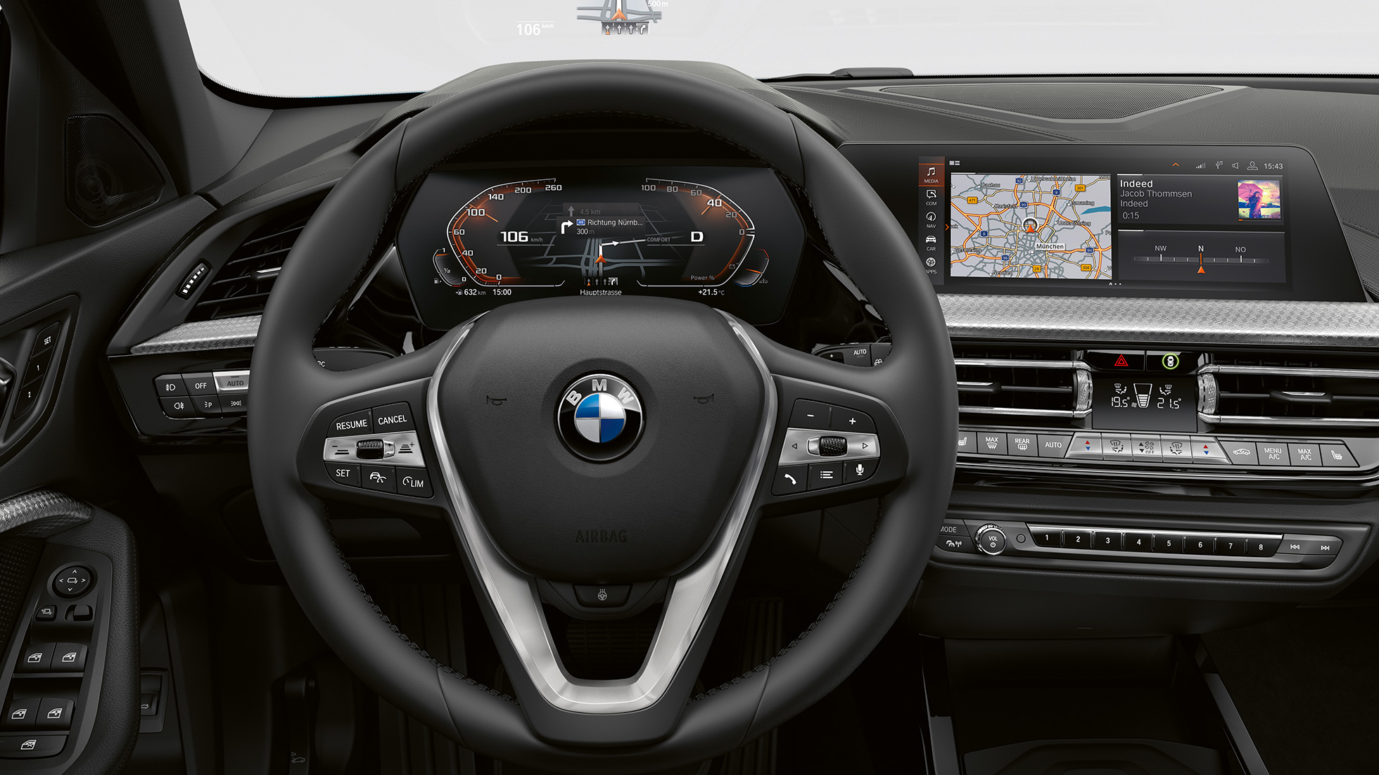 Sport-Lederlenkrad. BMW 1er Modell Luxury Line, Cockpit mit Sport-Lederlenkrad.