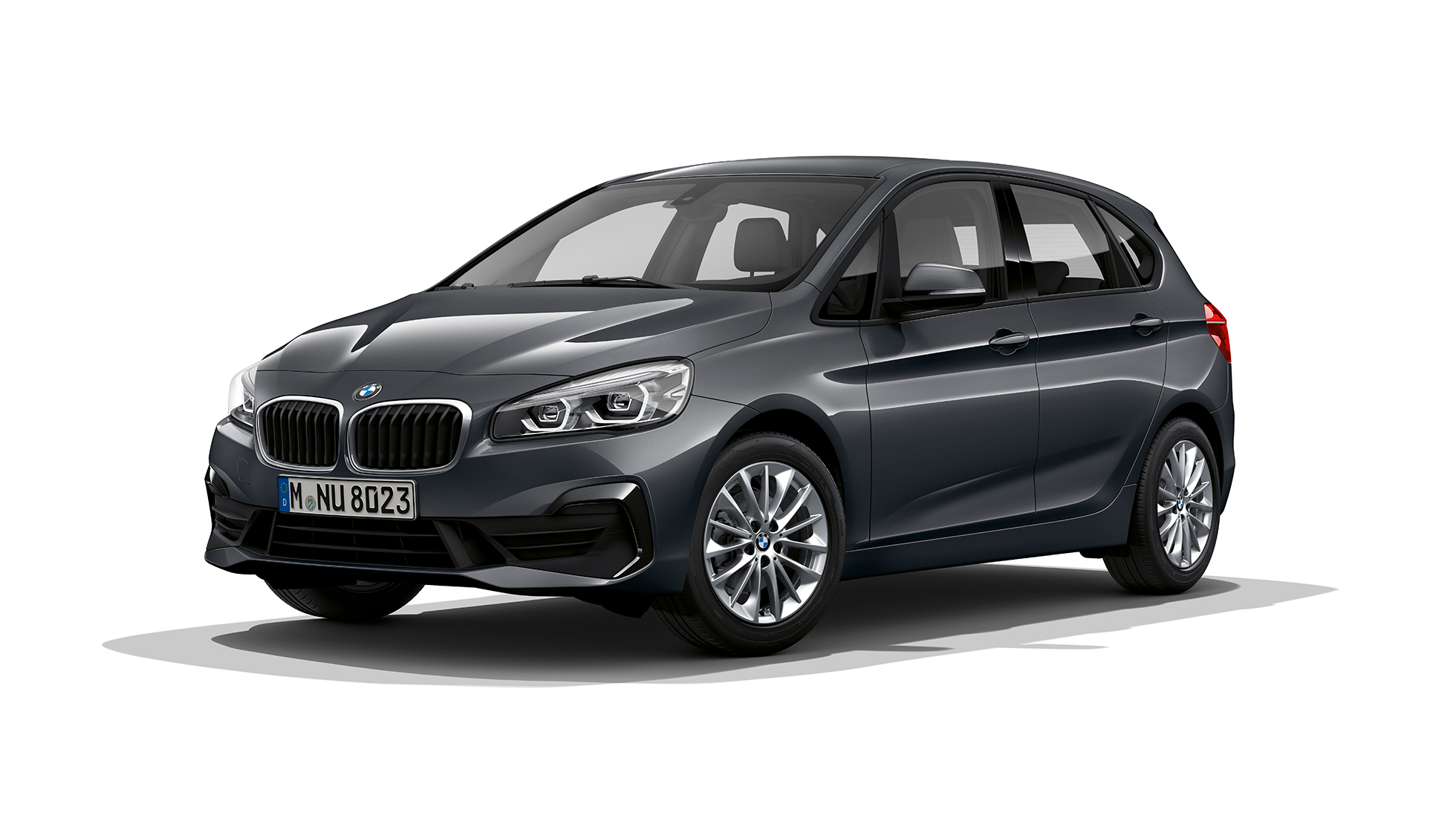 Dreiviertel-Frontansicht BMW 2er Active Tourer Modell Advantage BMW 2er Active Tourer Modell Advantage 218i F45 2018 Mineralgrau metallic Dreiviertel-Frontansicht