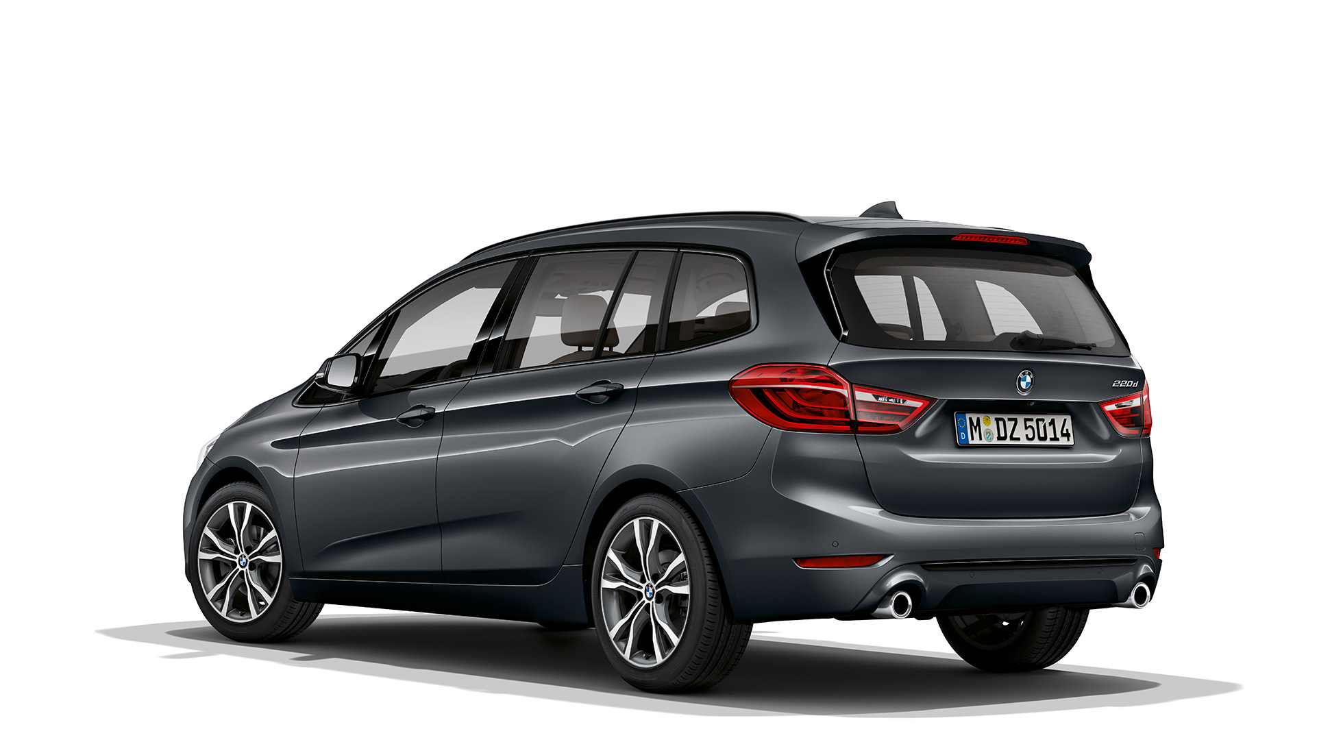 Dreiviertel-Heckansicht BMW 2er Gran Tourer Modell Sport Line BMW 2er Gran Tourer 220d Modell Sport Line F46 Facelift 2018 Mineralgrau metallic Dreiviertel-Heckansicht