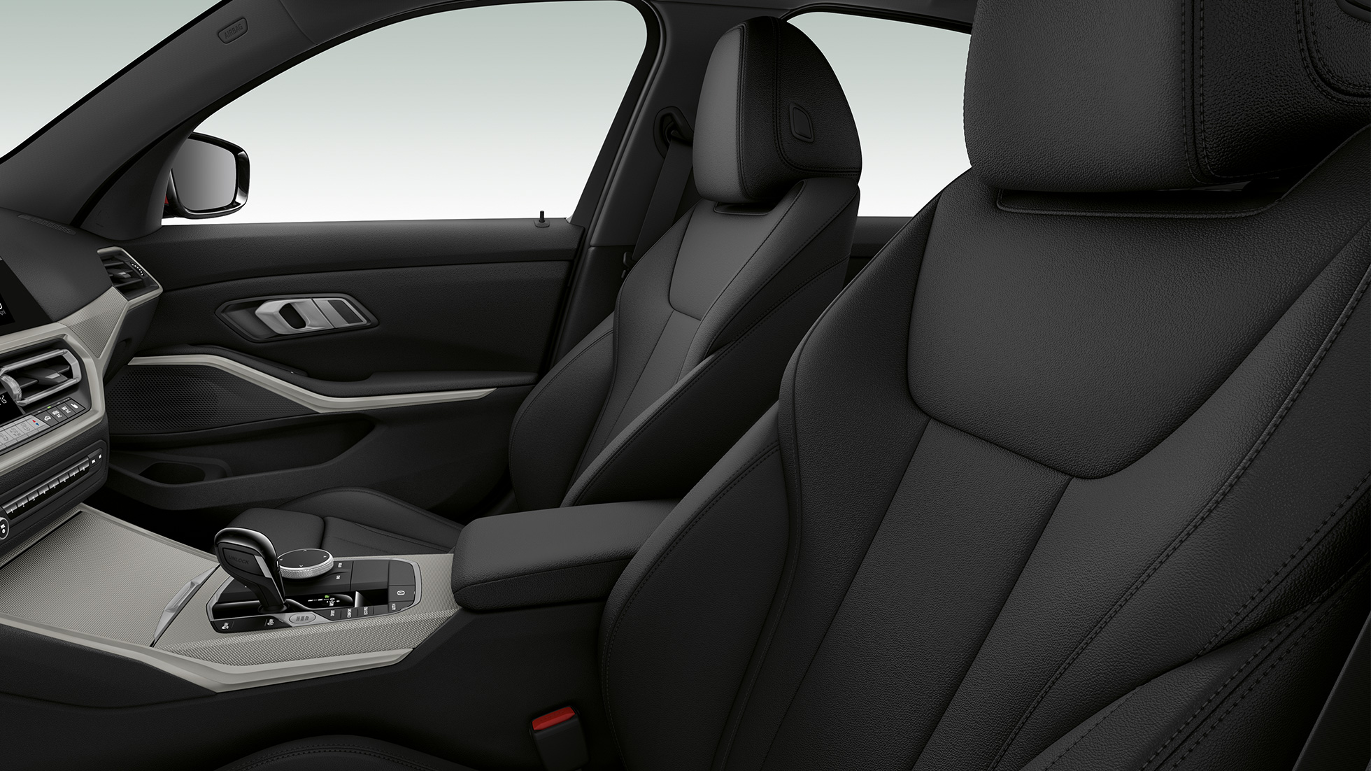 BMW 3er Limousine, Modell Advantage Vordersitze. Seitliche Nahaufnahme der Vordersitze der BMW 3er Limousine mit der Ausstattung des Modells Advantage.