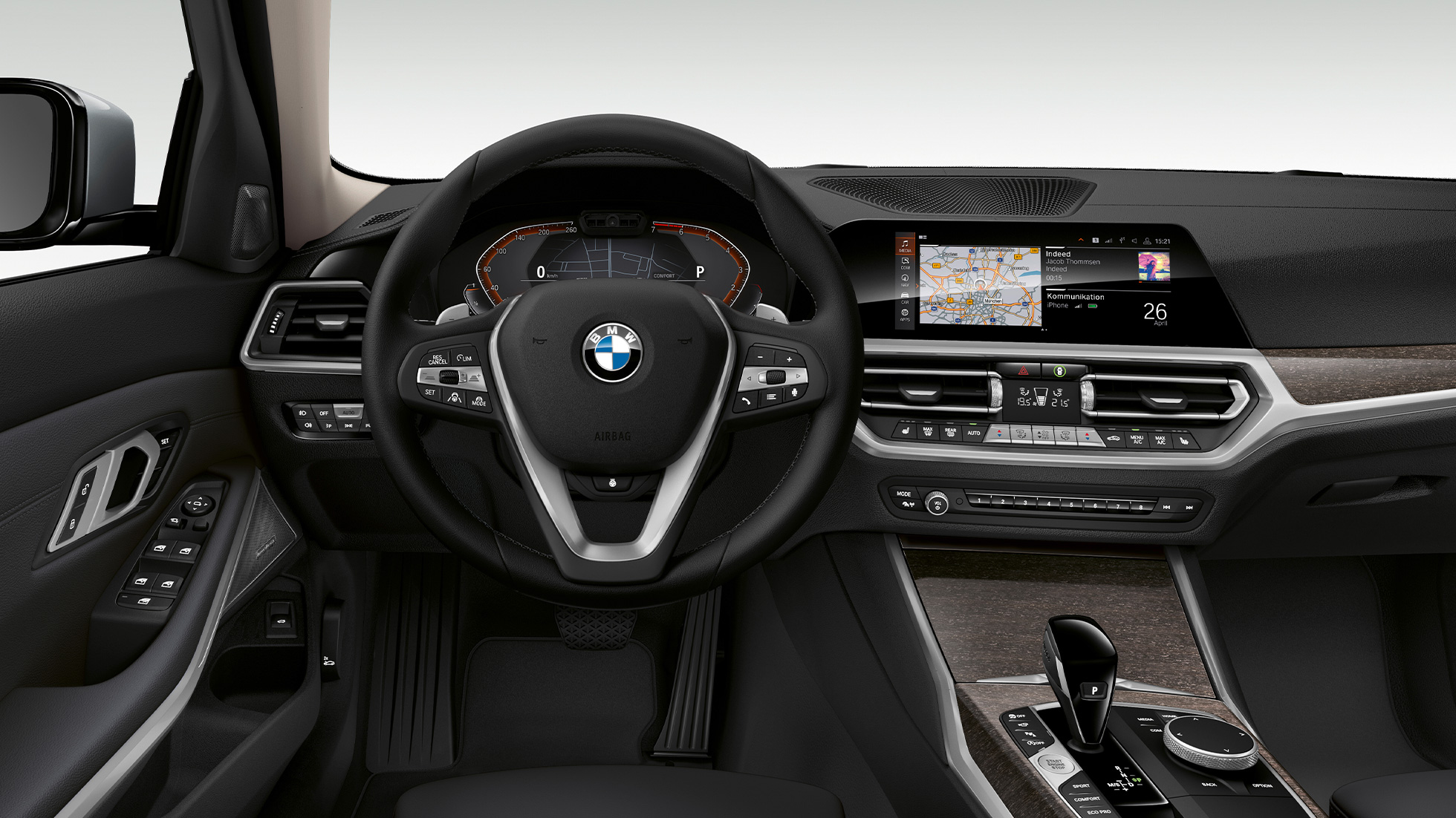 BMW 3er Limousine, Modell Luxury Line Cockpit. Frontale Nahaufnahme des fahrerseitigen Cockpits der BMW 3er Limousine mit der Ausstattung des Modells Luxury Line.