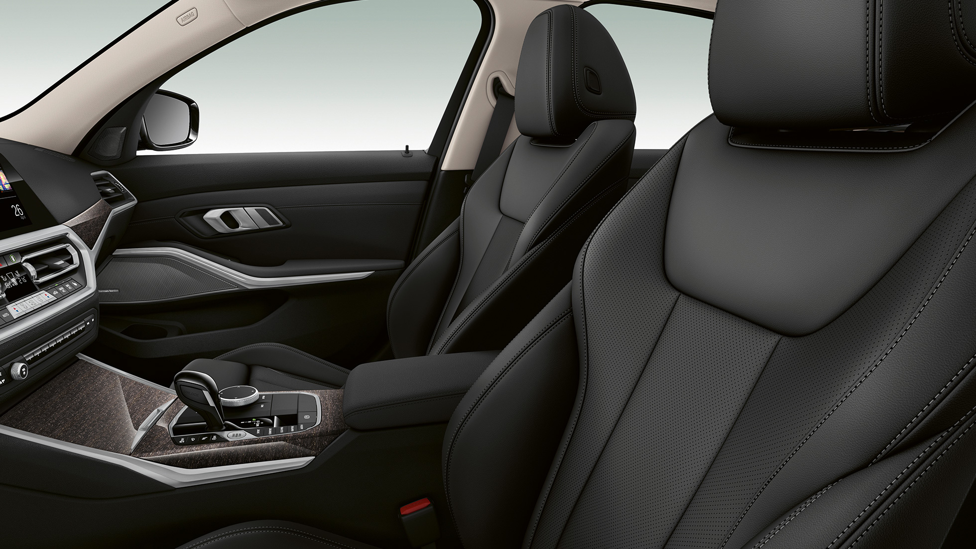 BMW 3er Limousine, Modell Luxury Line Vordersitze. Seitliche Nahaufnahme der Vordersitze der BMW 3er Limousine mit der Ausstattung des Modells Luxury Line.