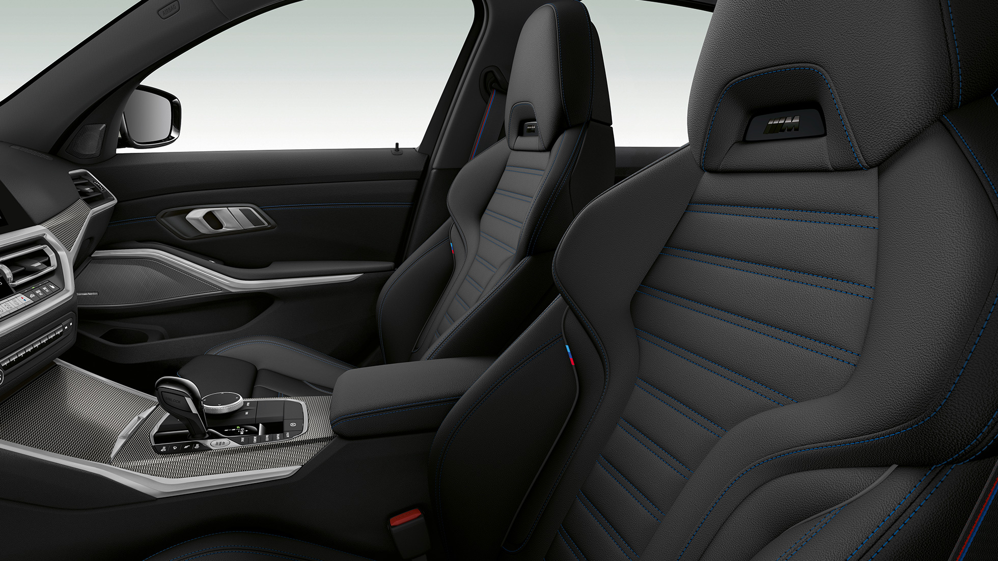 BMW 3er Limousine, Modell M Sport Vordersitze Seitliche Nahaufnahme der Vordersitze der BMW 3er Limousine mit der Ausstattung des Modells M Sport.