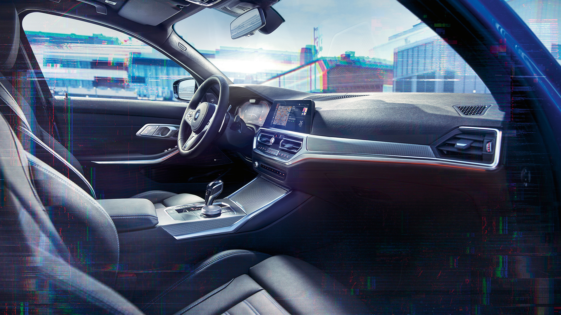 BMW 3er Limousine, BMW Live Cockpit Professional. Nahaufnahme des Innenraums der BMW 3er Limousine mit BMW Live Cockpit Professional.