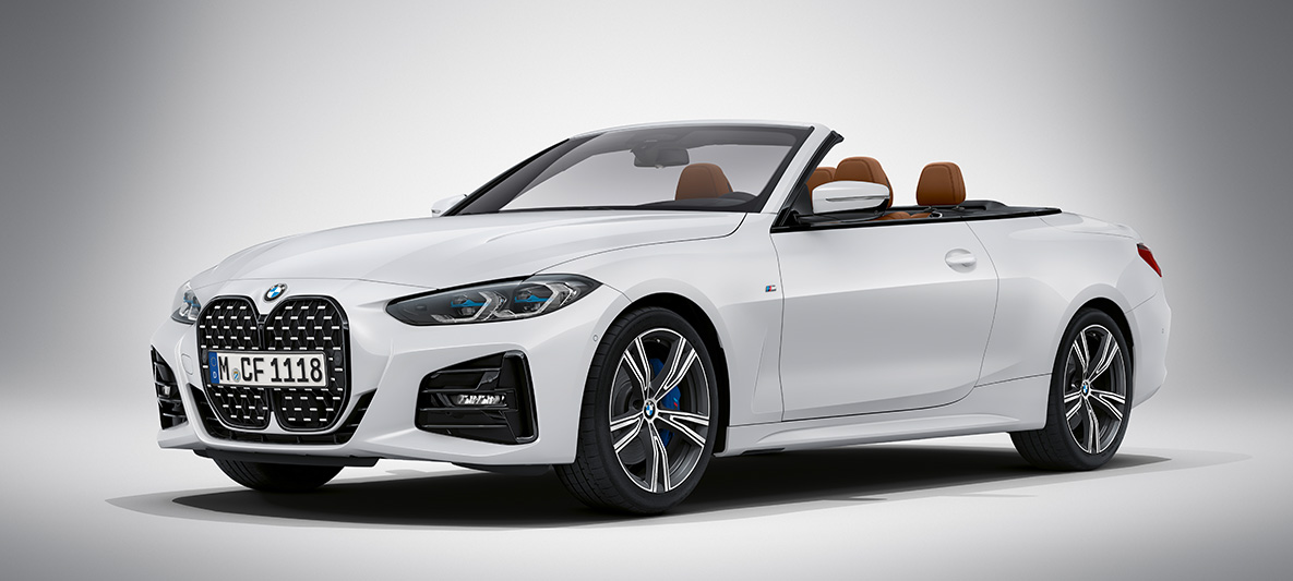 BMW Individual Brillantweiß metallic BMW 4er Cabrio G23 2020 BMW 4er Cabrio Individual Brillantweiß metallic G23 2020 Dreiviertel-Frontansicht stehend