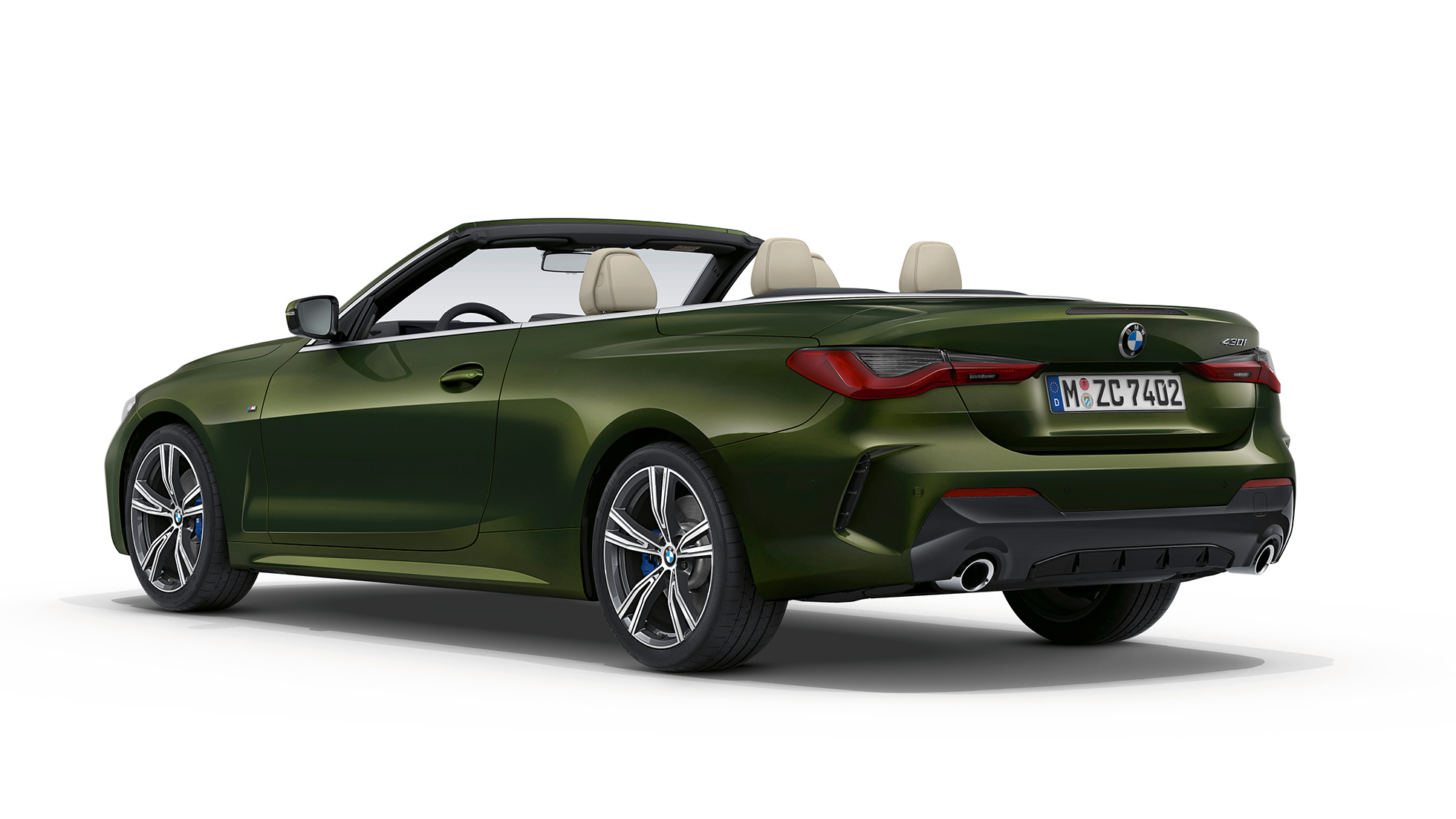 Heck BMW 4er Cabrio Modell M Sport G23 2020 BMW 4er Cabrio G23 2020 Modell M Sport Bluestone metallic Dreiviertel-Heckansicht