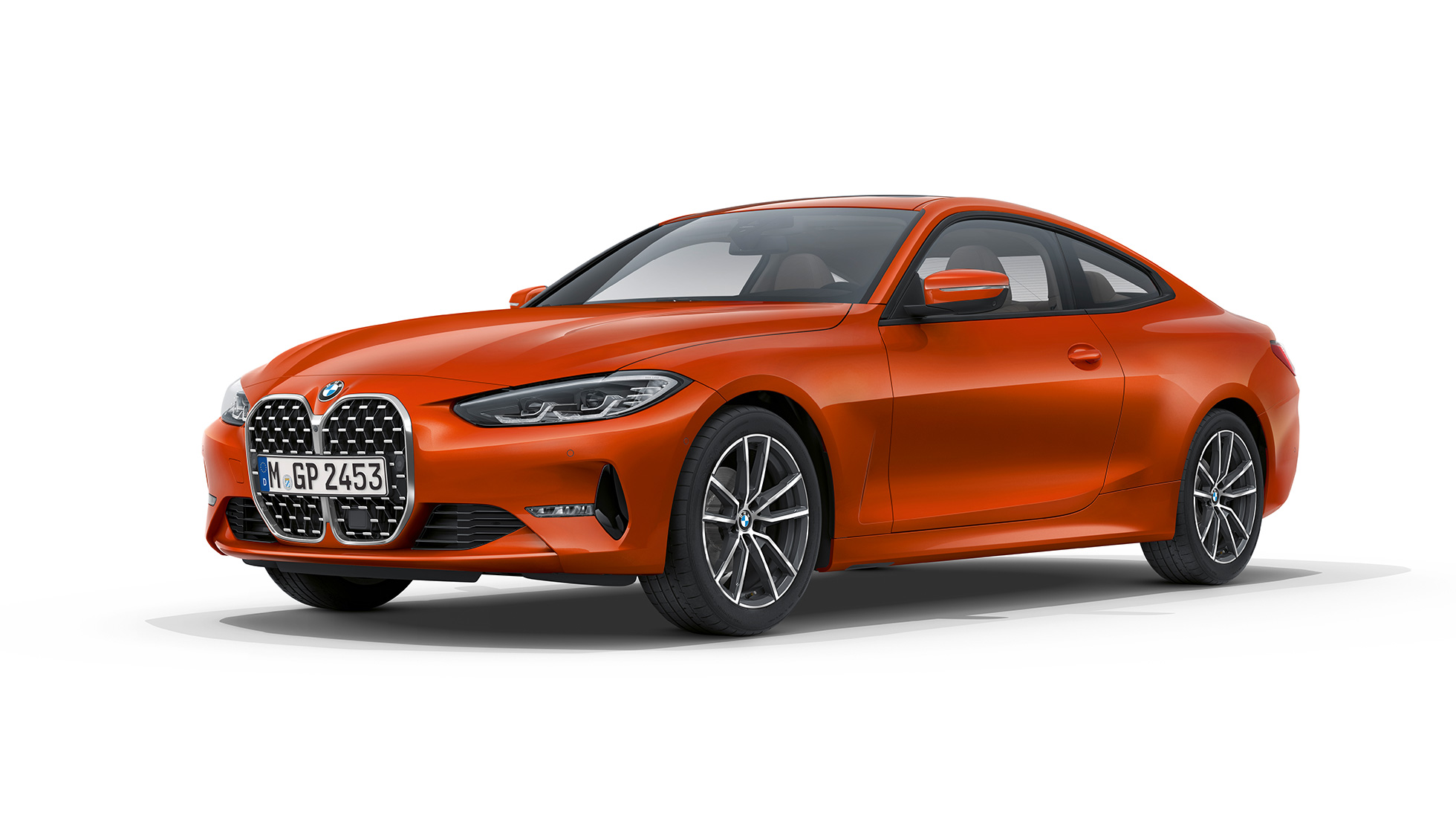 Dreiviertel-Frontansicht BMW 4er Coupé Basisausstattung G22 2020 Dreiviertel-Heckansicht BMW 4er Coupé G22 2020 Basisausstattung Sunset Orange metallic Dreiviertel-Frontansicht