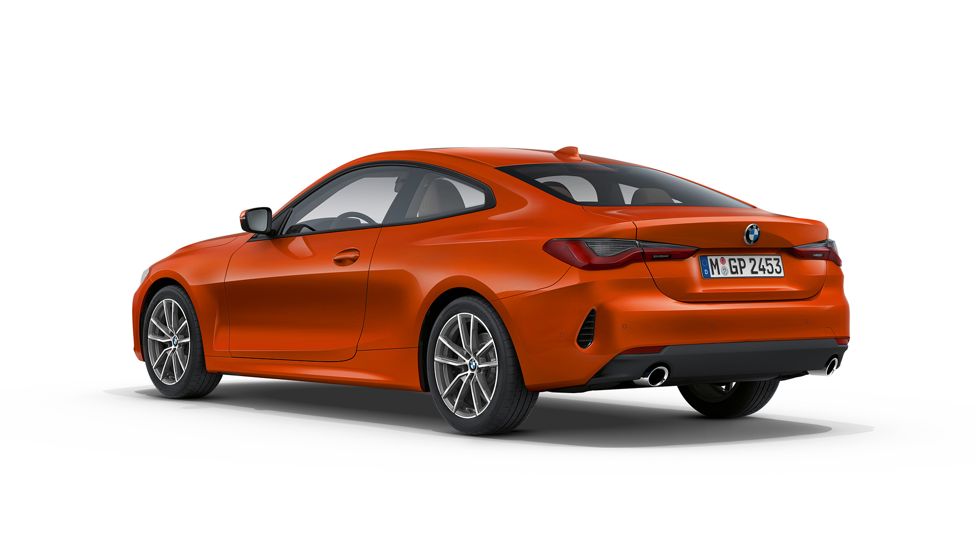 Dreiviertel-Heckansicht BMW 4er Coupé Basisausstattung G22 2020 BMW 4er Coupé G22 2020 Basisausstattung Sunset Orange metallic Dreiviertel-Heckansicht