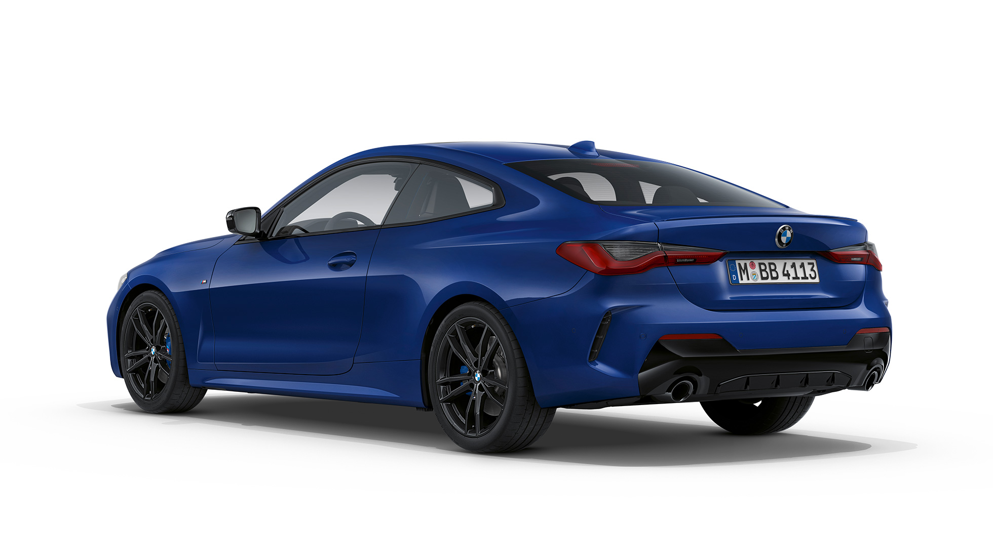 Heck BMW 4er Coupé M Sportpaket G22 2020 BMW 4er Coupé G22 2020 M Sportpaket Sportpaket Arctic Race Blue metallic Dreiviertel-Heckansicht
