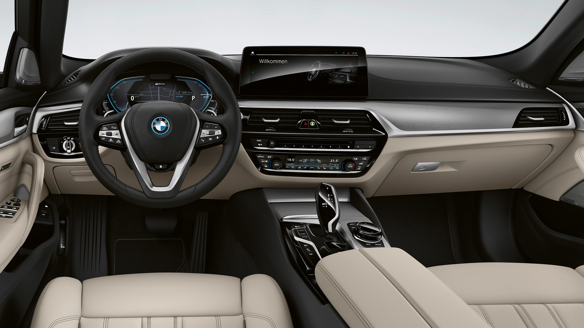 Cockpit BMW 5er Touring G31 Basisausstattung Cockpit BMW 5er Touring 530i G31 2020 Basisausstattung Leder 'Dakota' Elfenbeinweiß Exklusivnaht mit Keder in Kontrast Innenraum