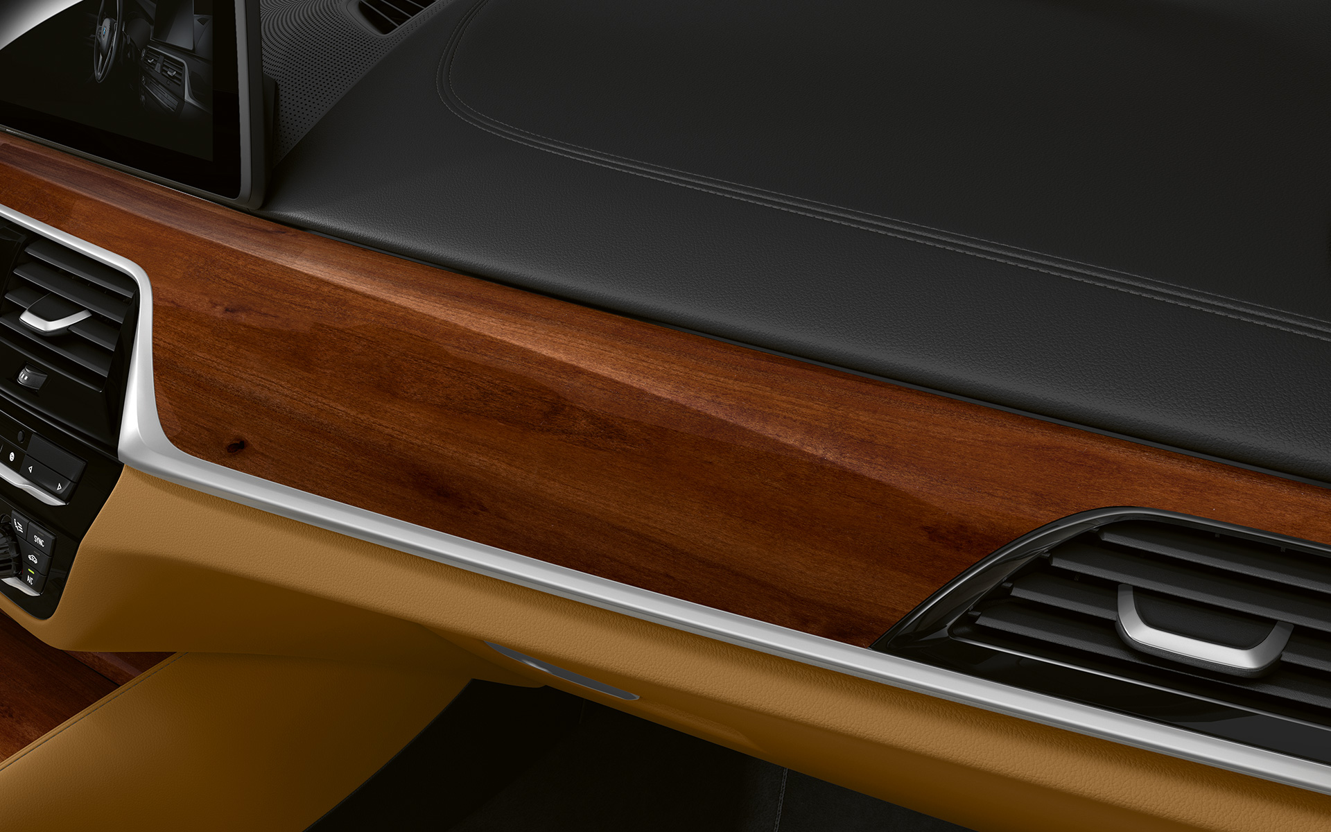 BMW 5er Touring G31 Facelift 2020 Cockpit im Detail Interieurleiste BMW Individual Edelholzausführung Zwetschge braun hochglänzend mit Akzentleiste Perlglanz Chrom