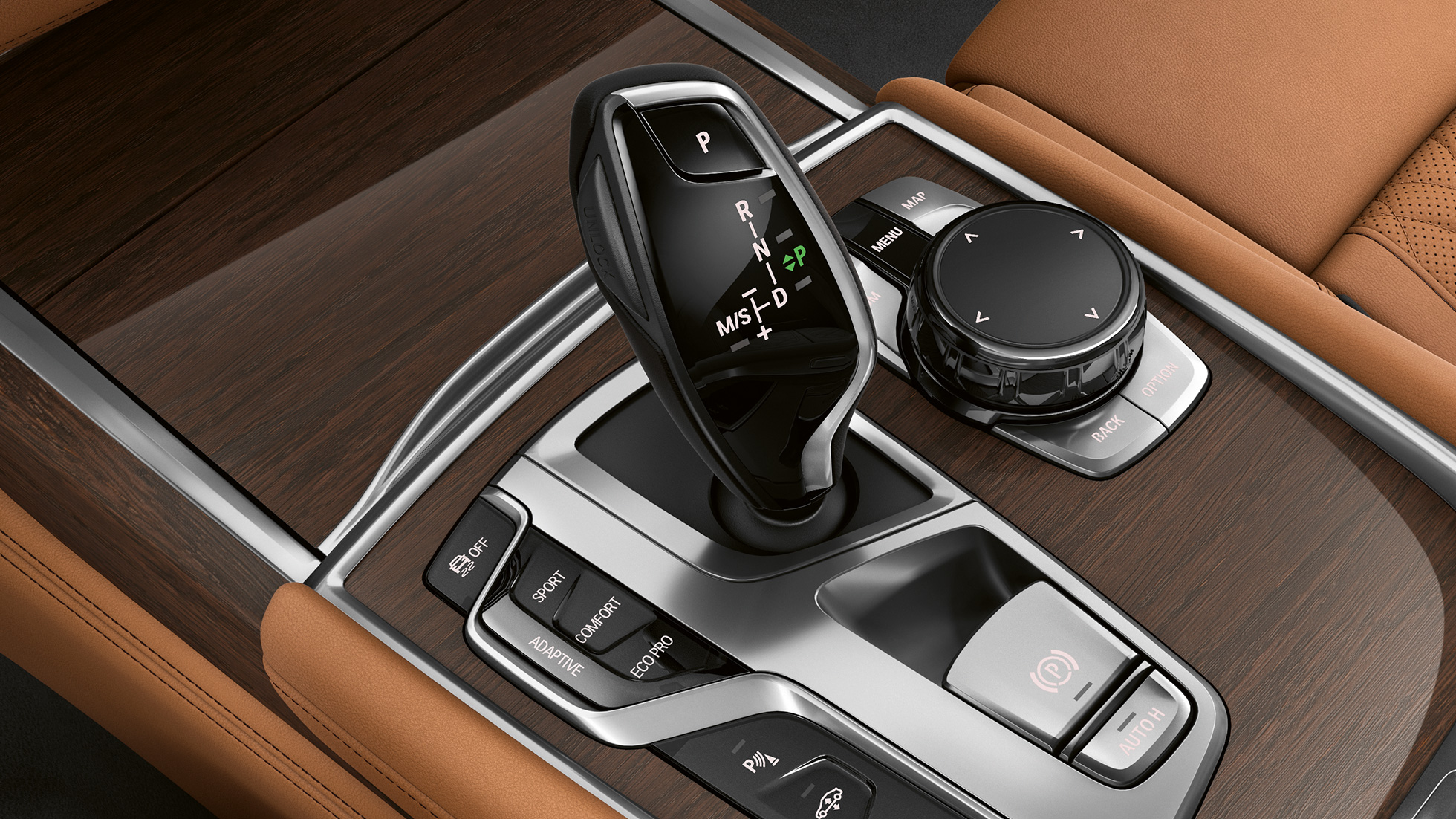 BMW 7er Limousine mit Exterieurdesign Pure Excellence, Gangwahlschalter BMW 7er Limousine mit Exterieurdesign Pure Excellence: Nahaufnahme des Gangwahlschalters