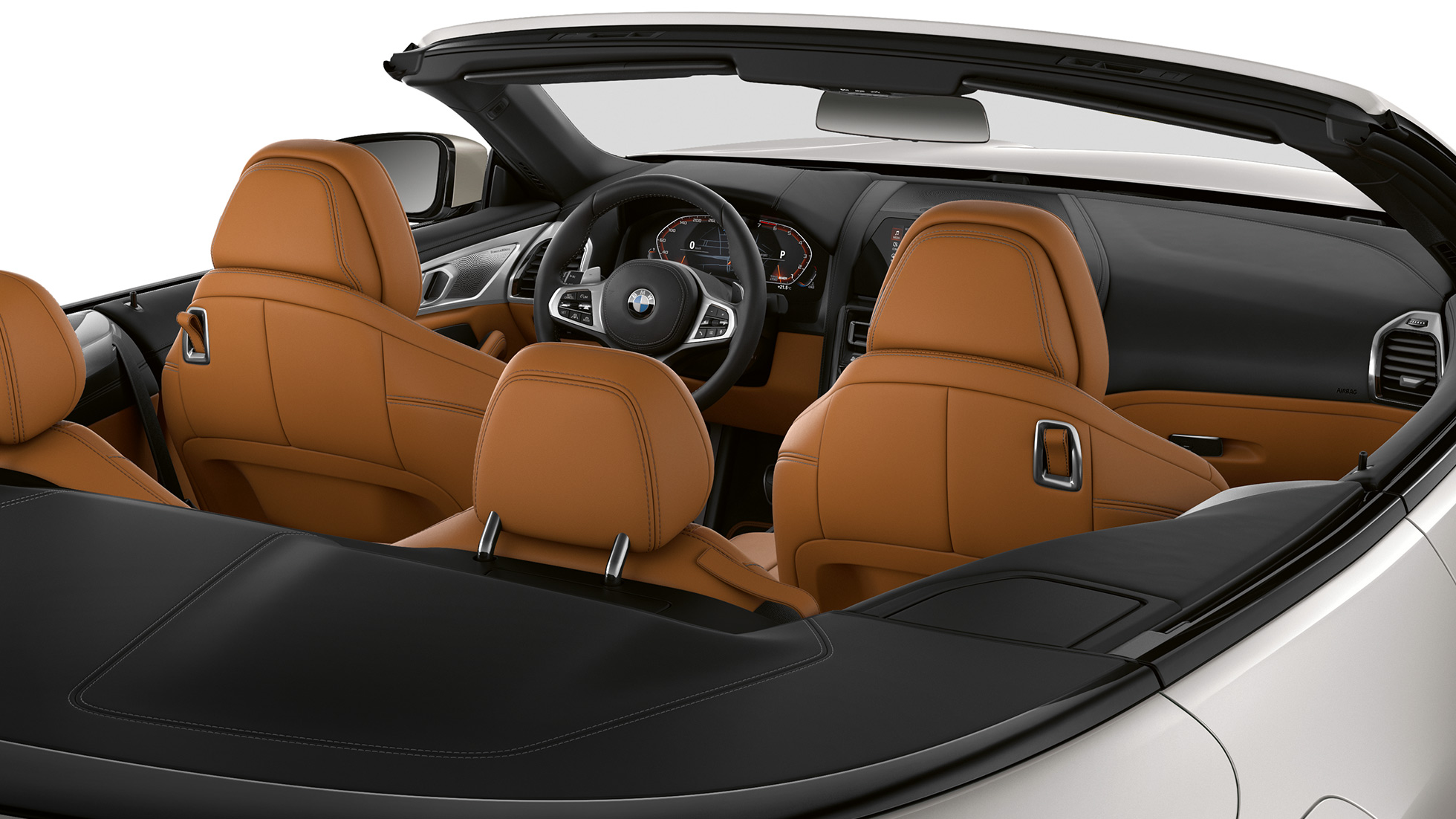 BMW M850i xDrive, Interieur bei geöffnetem Stoffverdeck. BMW M850i xDrive, Interieur bei geöffnetem Stoffverdeck.