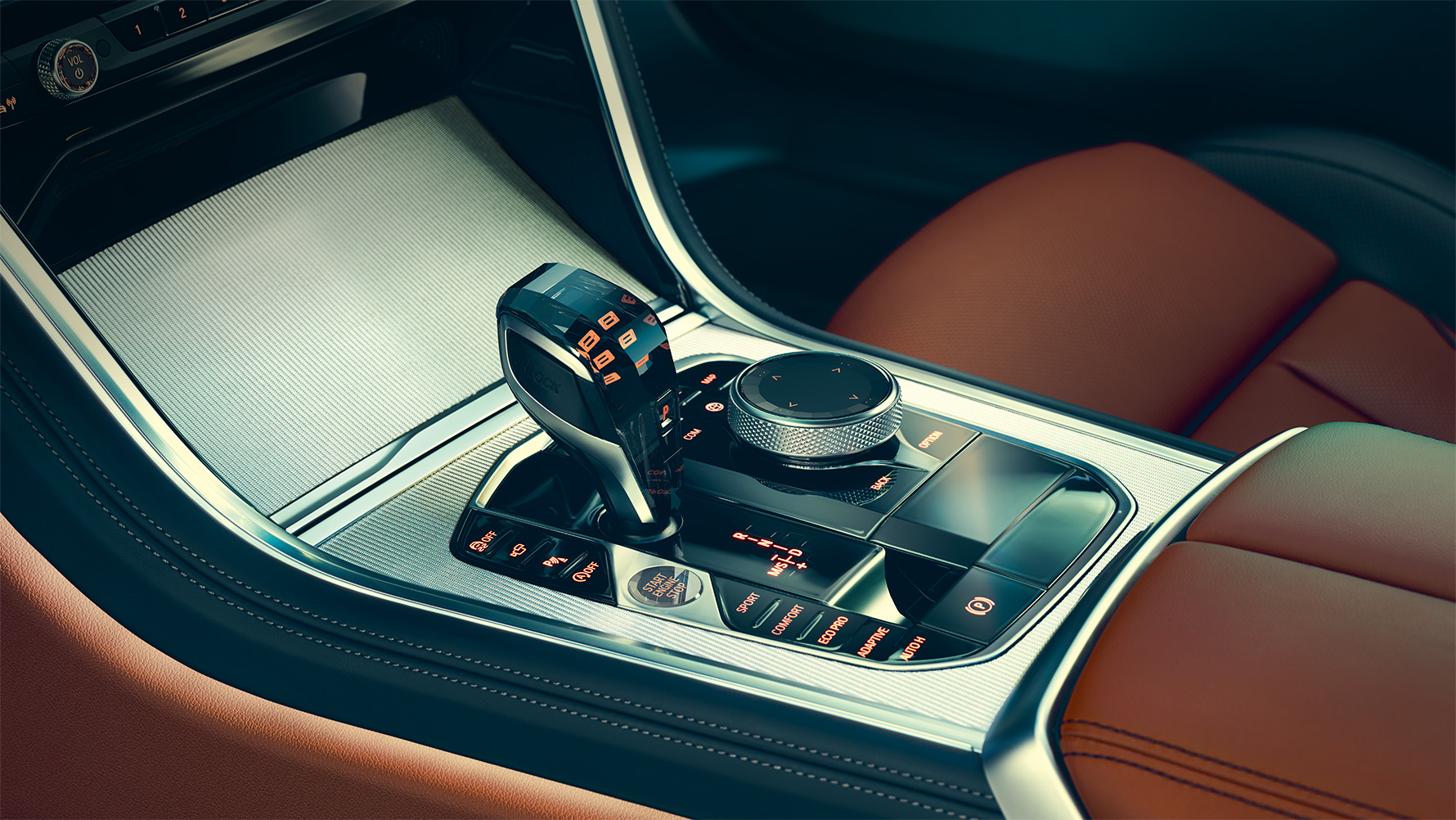 BMW 8er Coupé, Mittelkonsole Nahaufnahme des BMW 8er Coupé Innenraums mit Fokus auf die Mittelkonsole.