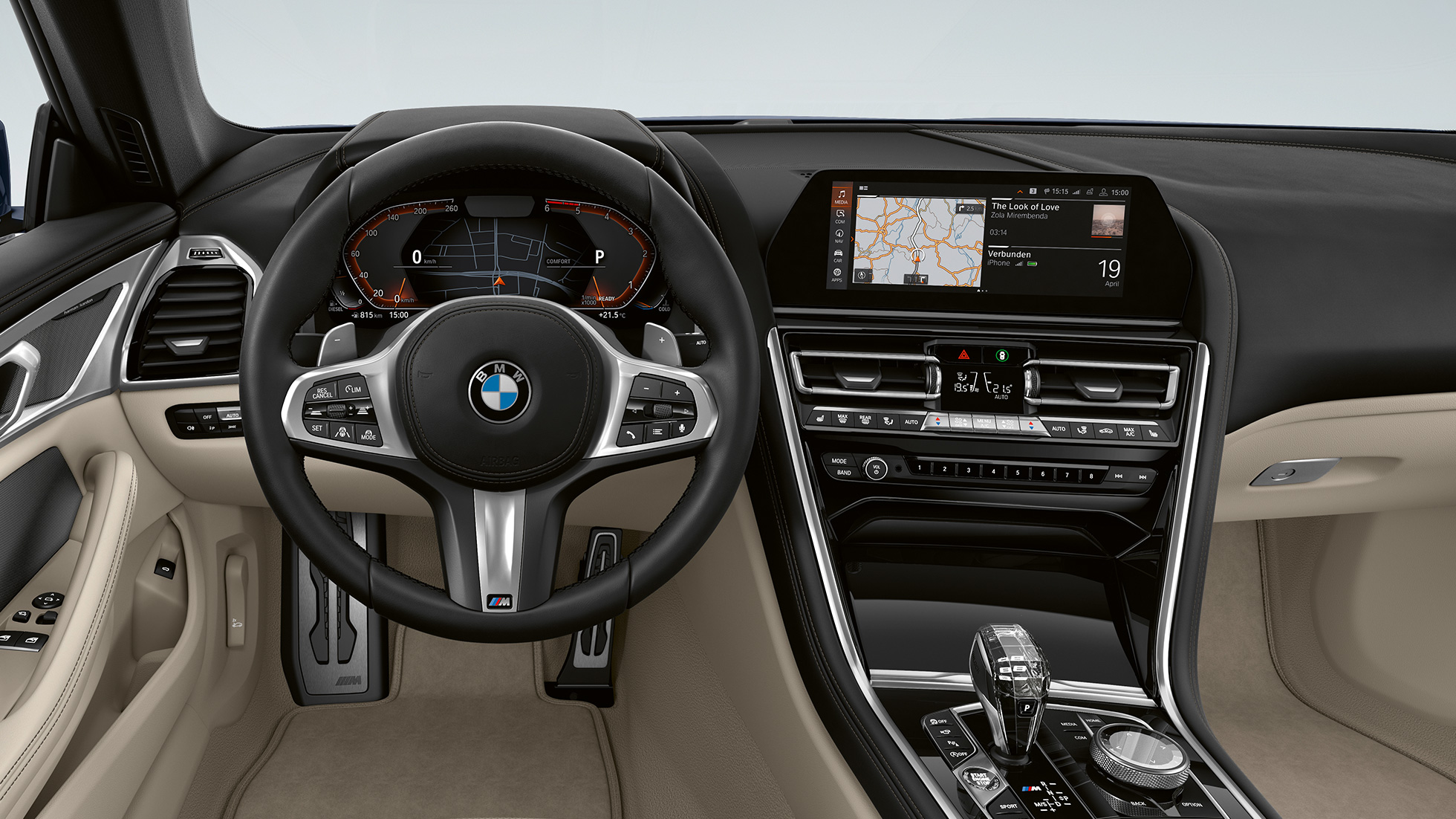 M Lederlenkrad mit Multifunktion. BMW 8er Coupé, Cockpit, M Lederlenkrad mit Multifunktion.