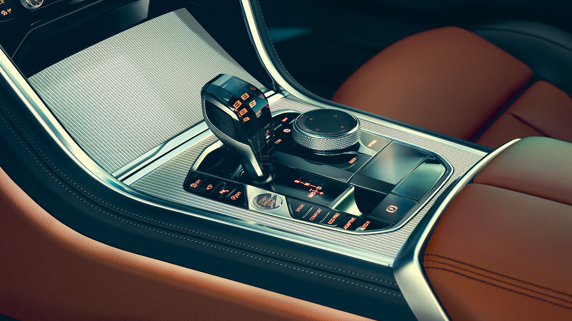 BMW 8er Coupé, Interieur. BMW 8er Coupé, Interieur, Nahaufnahme des Gangwahlschalters.
