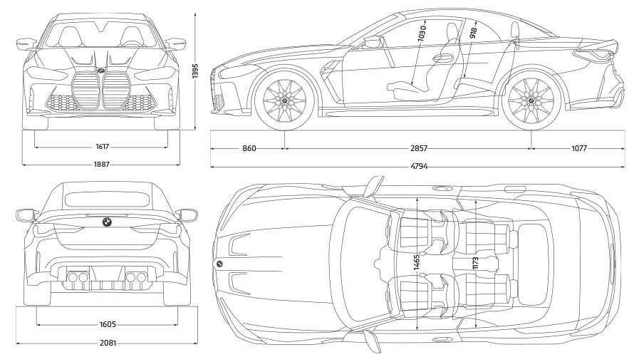 BMW M4 Competition Cabrio mit M xDrive G83 2021 Strichzeichnung Seitenansicht BMW M4 Competition Cabrio mit M xDrive G83 2021 Strichzeichnung Abmessungen Seitenansicht