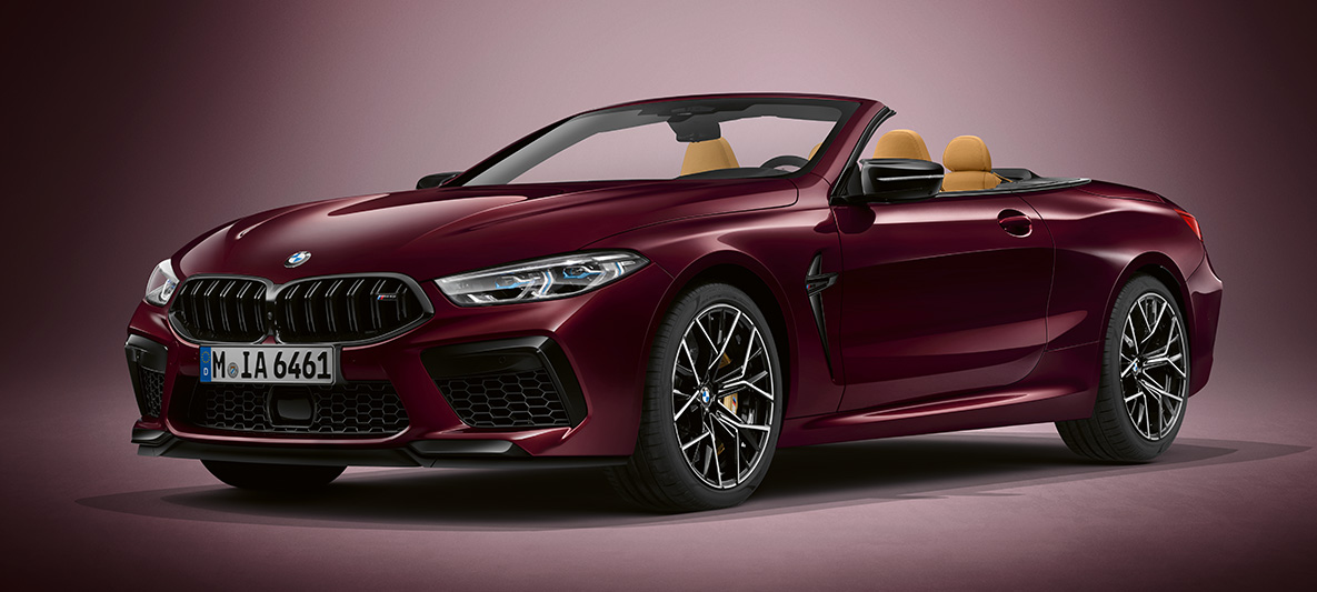 BMW Individual M8 Cabrio in BMW Individual Ametrine metallic. BMW Individual M8 Cabrio in BMW Individual Ametrine metallic, Dreiviertel-Frontansicht.