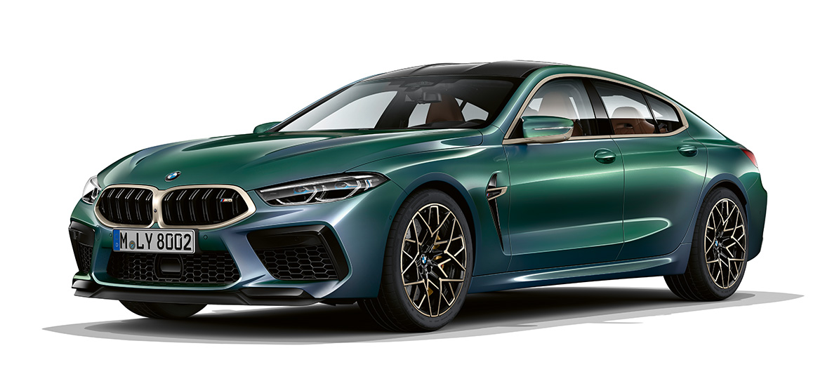 BMW M8 Gran Coupé First Edition Dreiviertel-Frontansicht BMW M8 Gran Coupé First Edition F93 2020 BMW Individual Aurora Diamond Green metallic Dreiviertel-Frontansicht