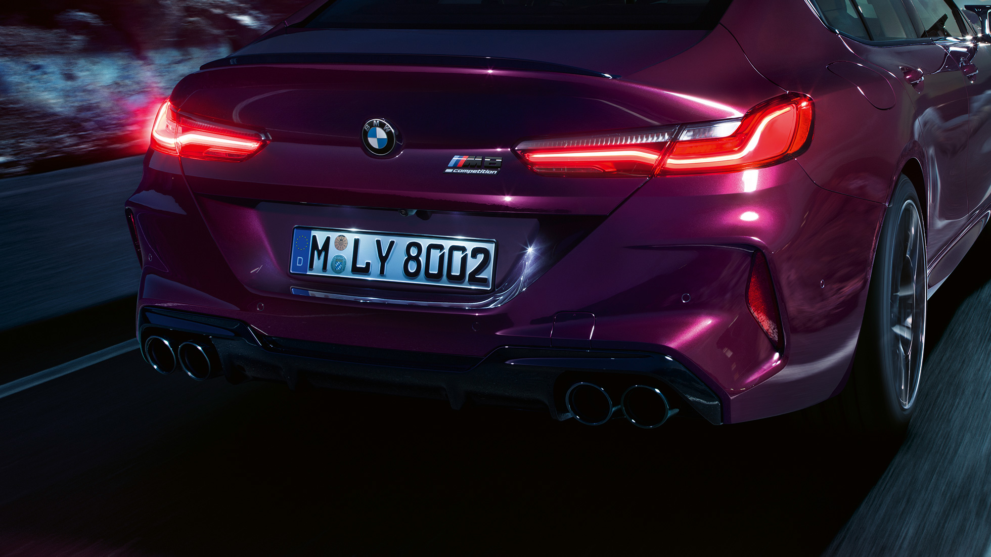 BMW M8 Competition Gran Coupé Nahaufnahme Heck BMW M8 Competition Gran Coupé F93 2020 BMW Individual Ametrin metallic Nahaufnahme Heck