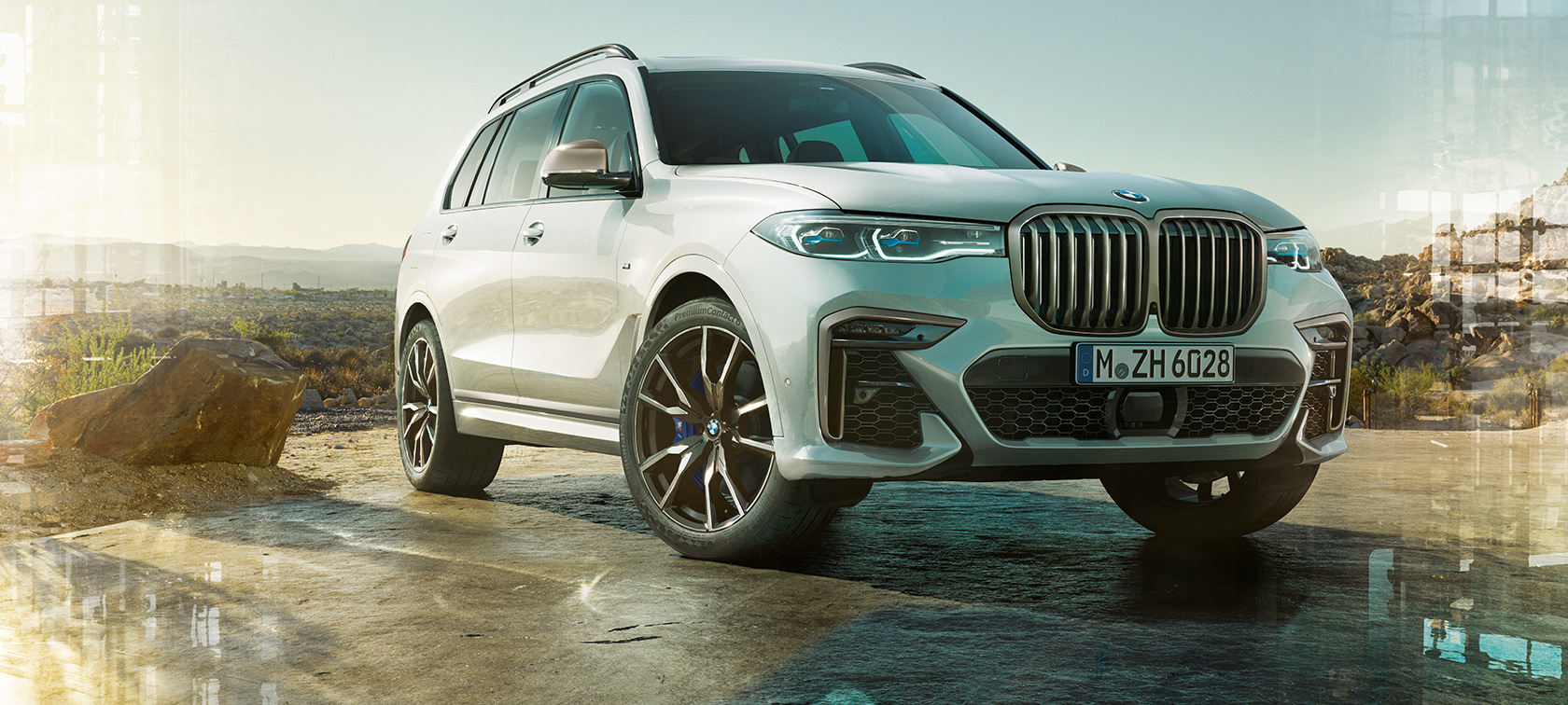 BMW X7 M Automobil G07 2019 Dreiviertel-Frontansicht BMW X7 M Automobil G07 2019 Mineralweiß Dreiviertel-Frontansicht stehend