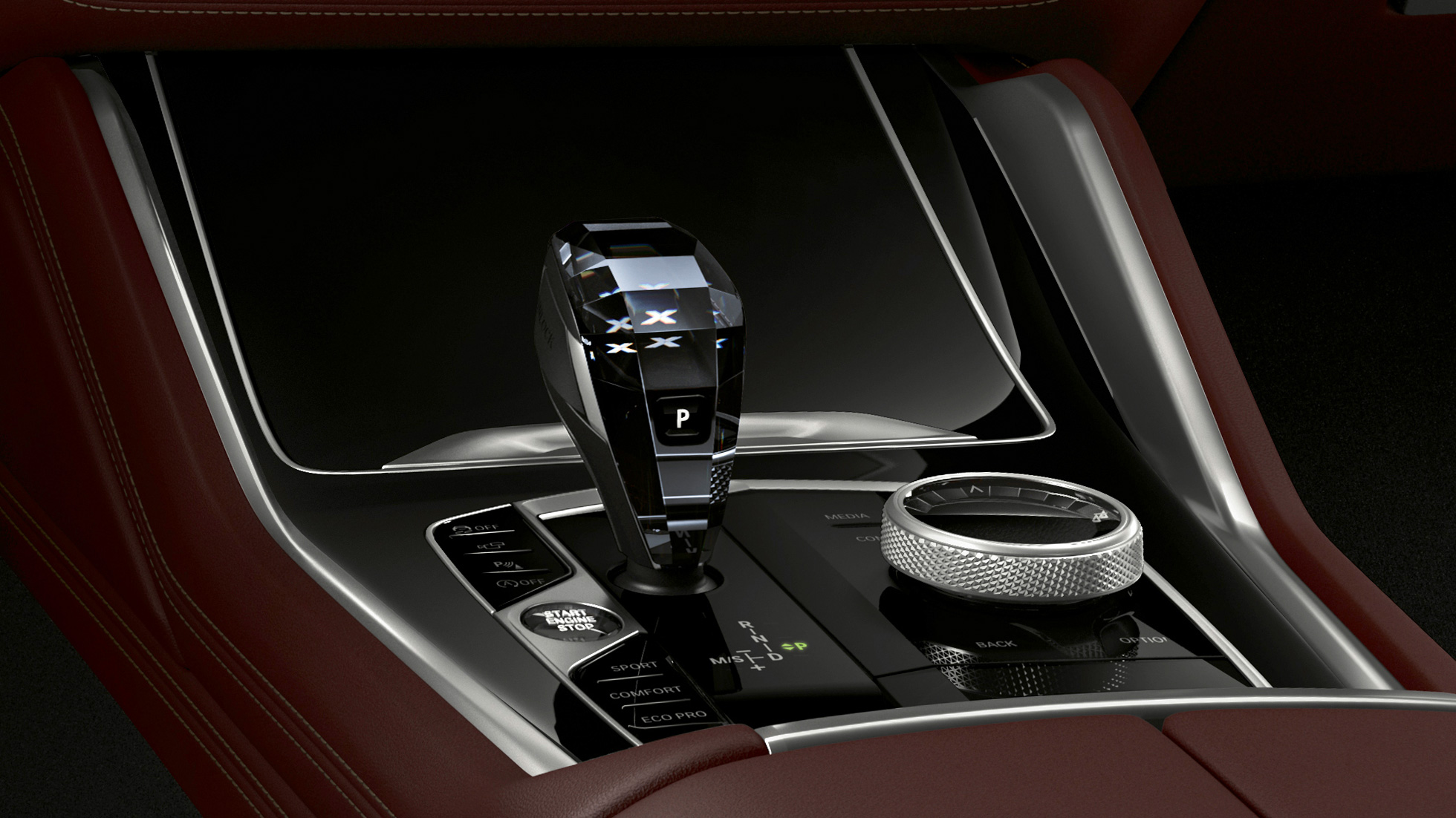 BMW X6 mit BMW Individual, Mittelkonsole. BMW X6 Interieur mit BMW Individual mit Fokus auf Mittelkonsole.