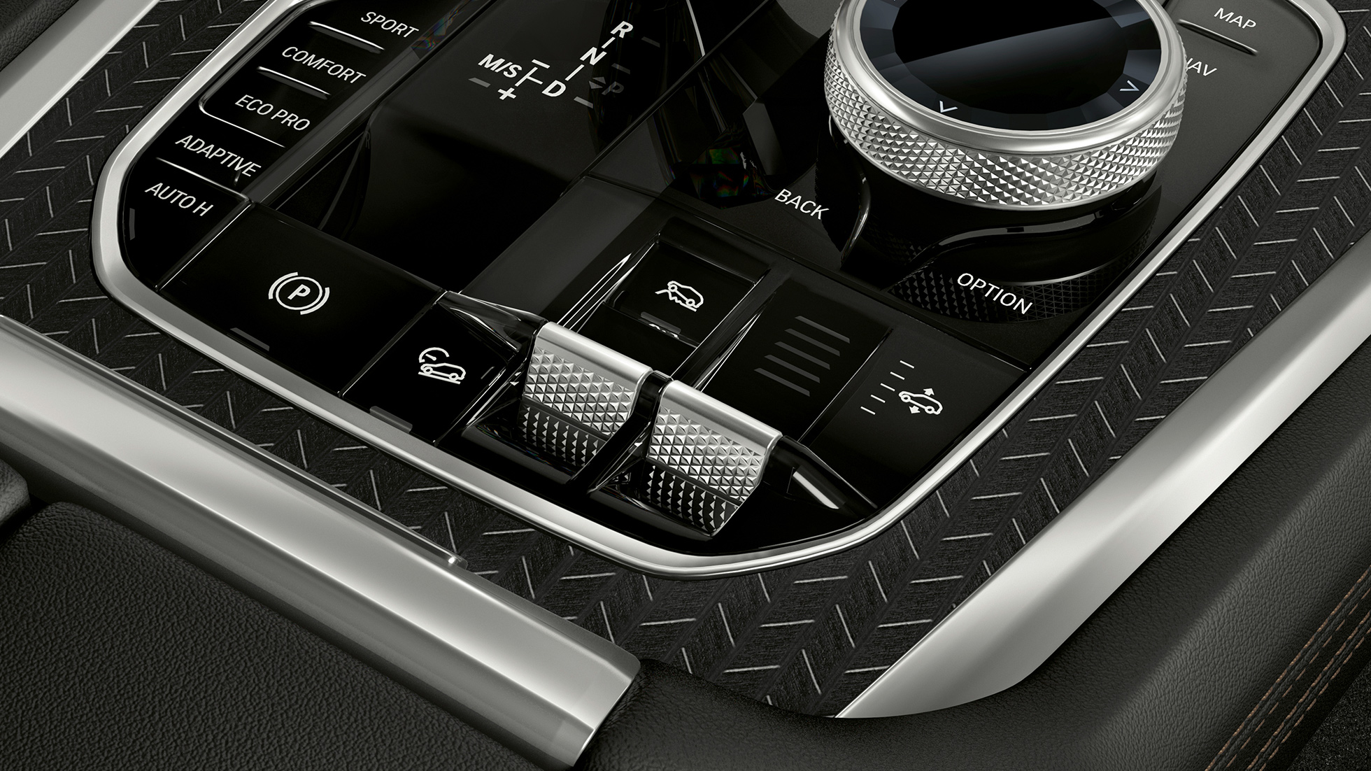 BMW X6 Mittelkonsole. Nahaufnahme des BMW X6 Interieur mit Blick auf Mittelkonsole.