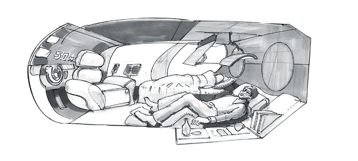 Fahrzeuginterieur der Zukunft Zeichnung vom Interieur eines selbstständig fahrenden Autos in der Zukunft.