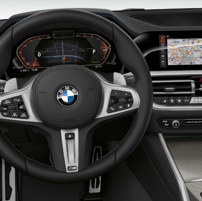 BMW 3er Limousine, Modell Sport Line Cockpit. Frontale Nahaufnahme des fahrerseitigen Cockpits der BMW 3er Limousine mit der Ausstattung des Modells Sport Line.