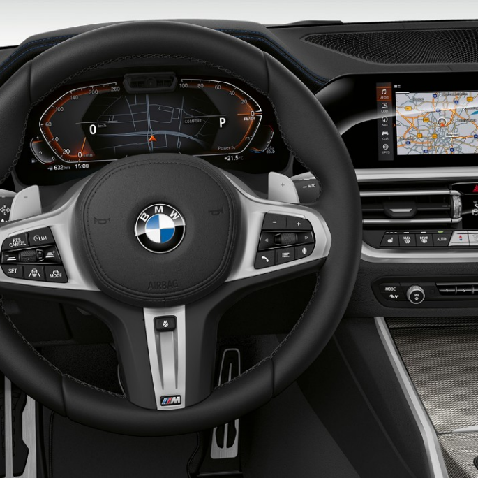 BMW 3er Limousine, Modell Sport Line Cockpit. Frontale Nahaufnahme des fahrerseitigen Cockpits der BMW 3er Limousine mit der Ausstattung des Modells Sport Line.
